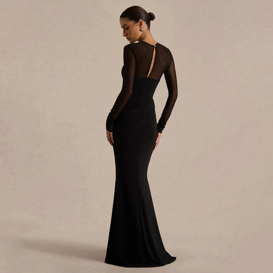 Elegant High-Waisted Sheer Long Sleeve Dress