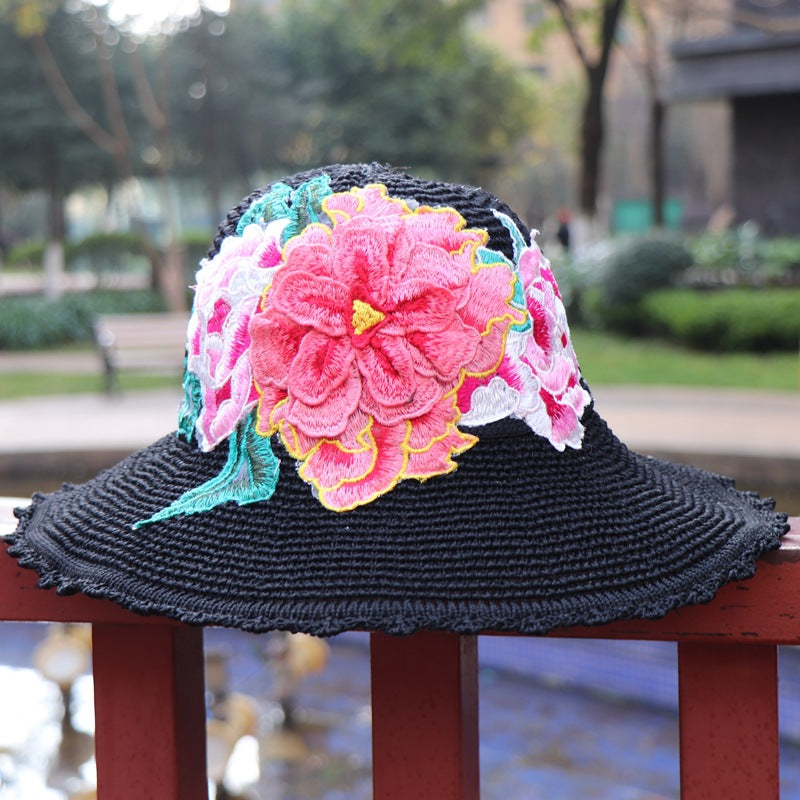 New Ethnic Style Embroidery Big Brim Hat Sun Visor Hat 3D Flower Hat Women'S Embroidery Hat