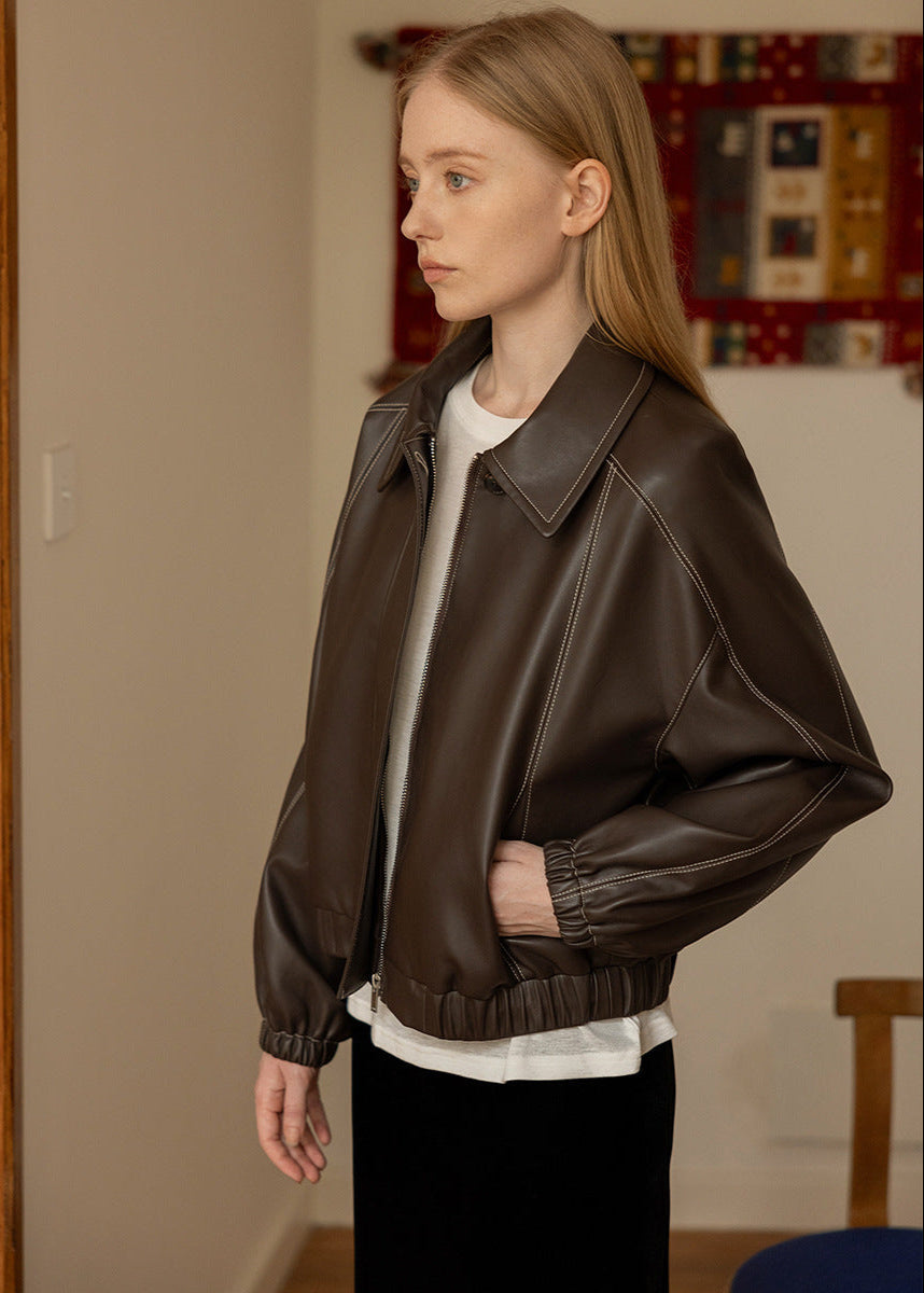 Faux Leather Bomber Jacket With Oversized Collar