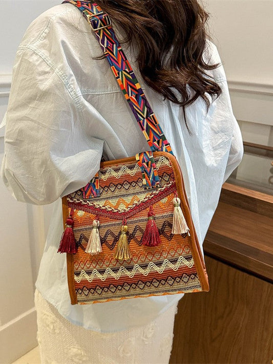 Ethnic Style Tassel Shoulder Bag Trendy Chic Fabric Crossbody Bag