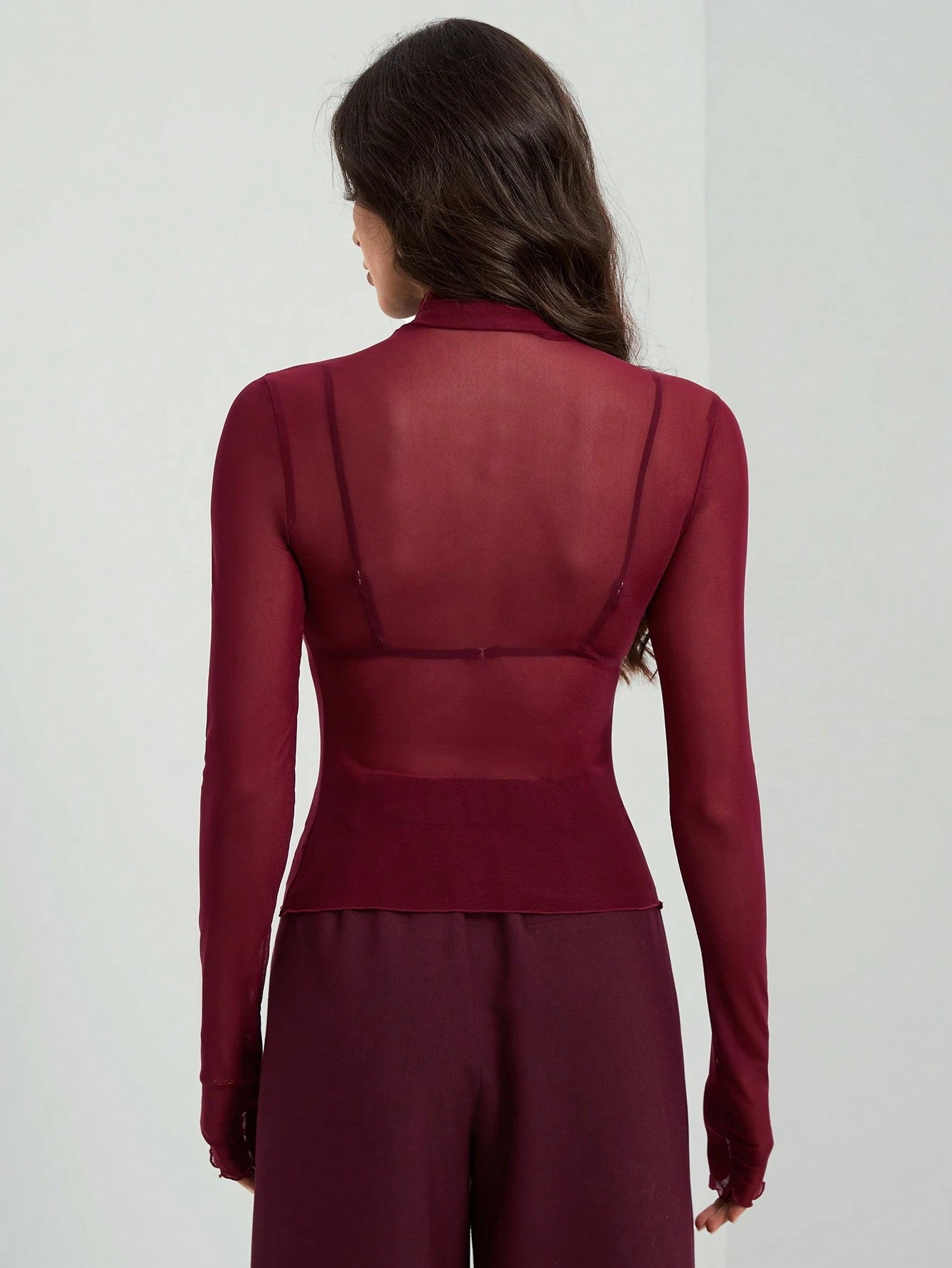 Mesh High Neck Long Sleeve Sheer Blouse