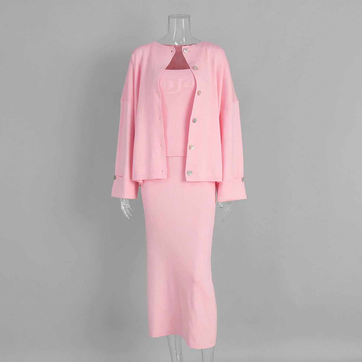 Knit Long Sleeve Cardigan Set with Cami Top and Skirt - Casual Style