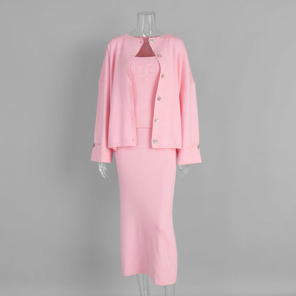 Knit Long Sleeve Cardigan Set with Cami Top and Skirt - Casual Style