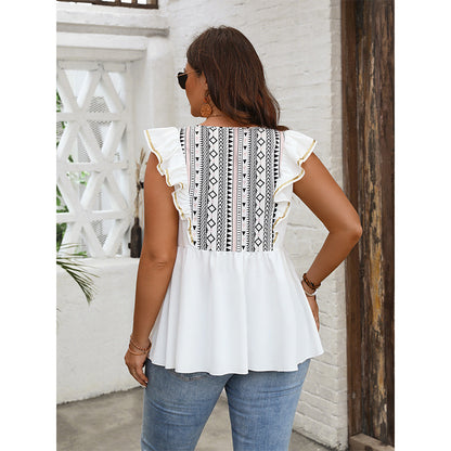Loose-Fit Ruffled Hem Top Polyester Casual Shirt