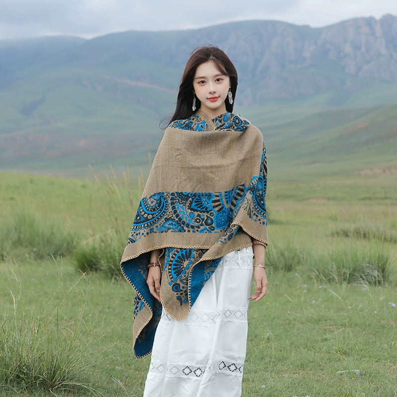 Tibetan Great Retro Totem Red Warm Outer Shawl Women'S Scarf Autumn And Winter Cloak Big Cloak