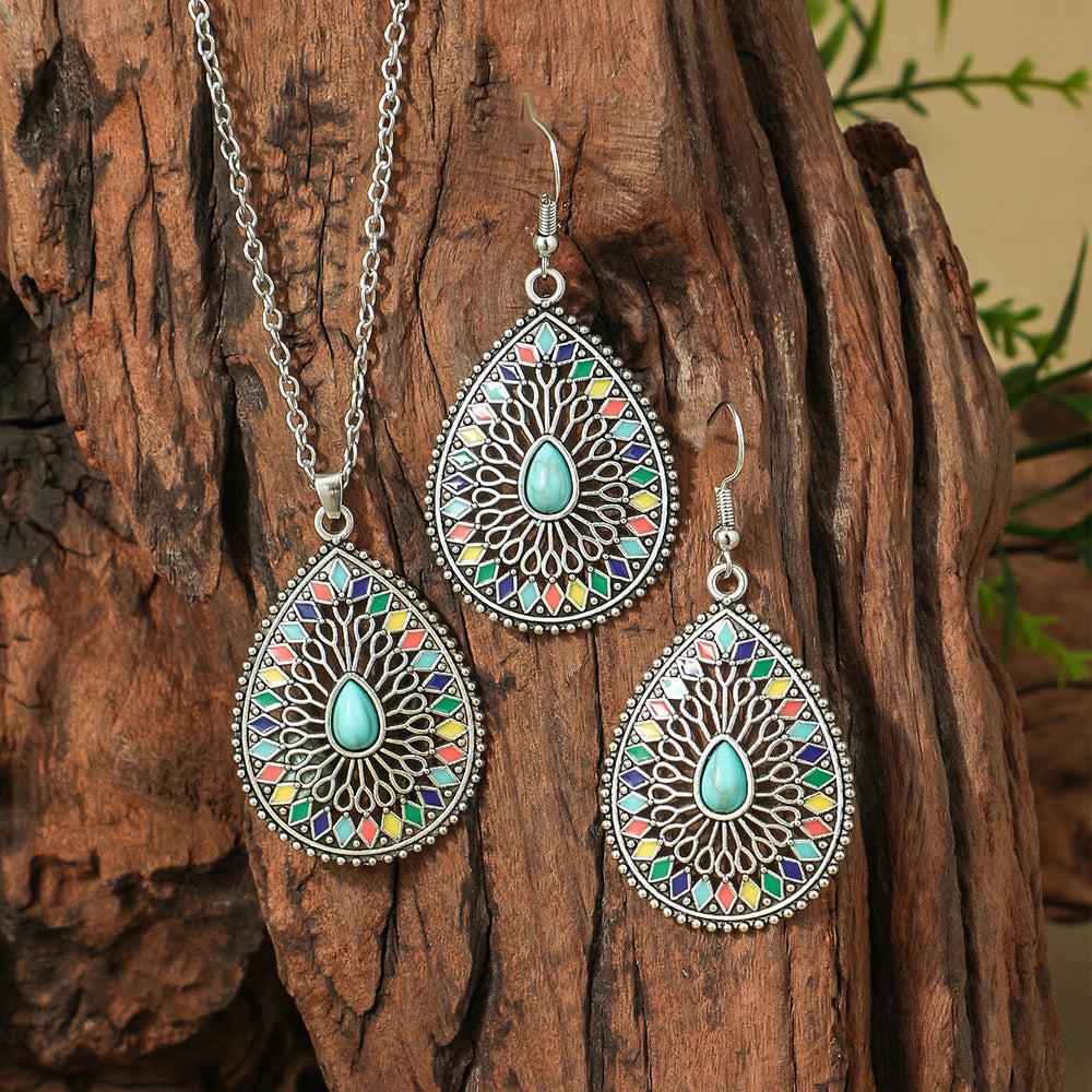 Bohemian Turquoise Long Drop Earrings Jewelry Set