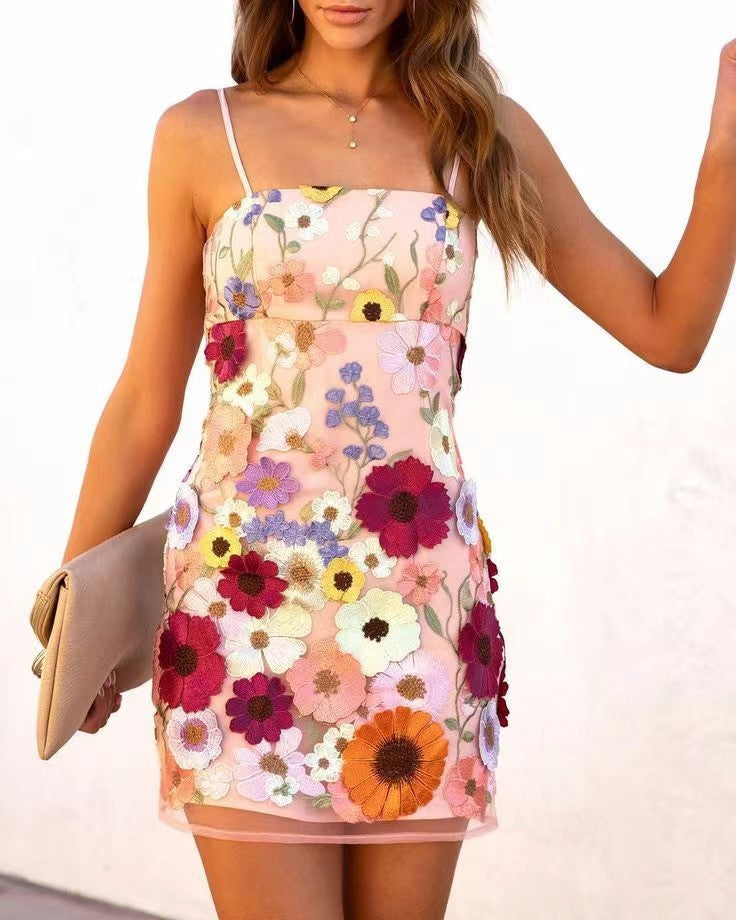 3D Floral Embroidered Slip Dress Elegant Polyester Summer Dress