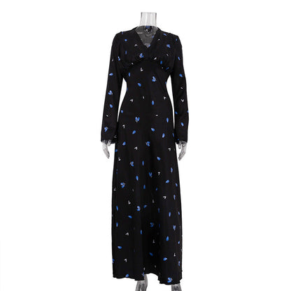 Elegant Floral Print Satin Maxi Dress with V-Neck and Long Sleeves