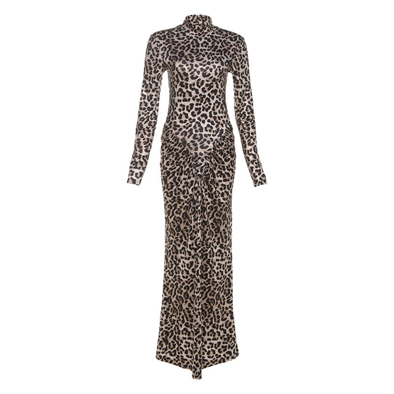 Leopard Print Long Sleeve Bodycon Dress With Round Neck
