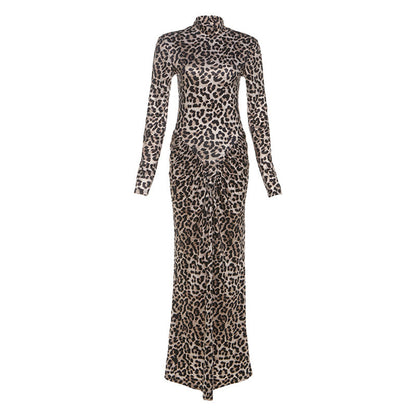 Leopard Print Long Sleeve Bodycon Dress With Round Neck