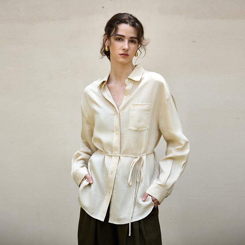 French Style Long Sleeve Women's Shirt Jacket With Tie Waist