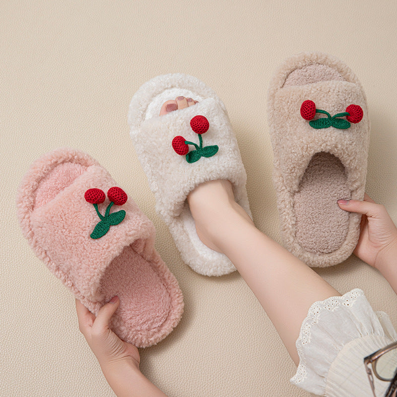Plush Cherry Color Block Warm Slippers