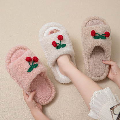 Plush Cherry Color Block Warm Slippers