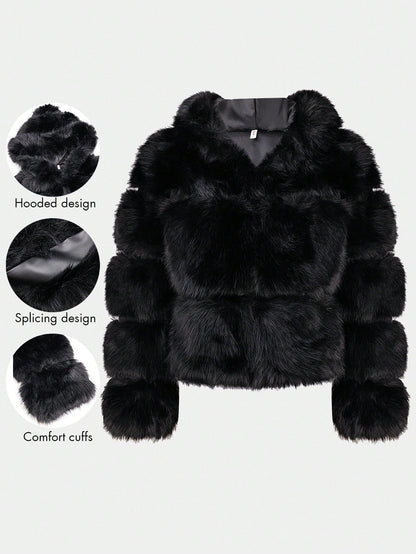 Faux Fur Hooded Zipper Jacket Casual Comfortable Coat