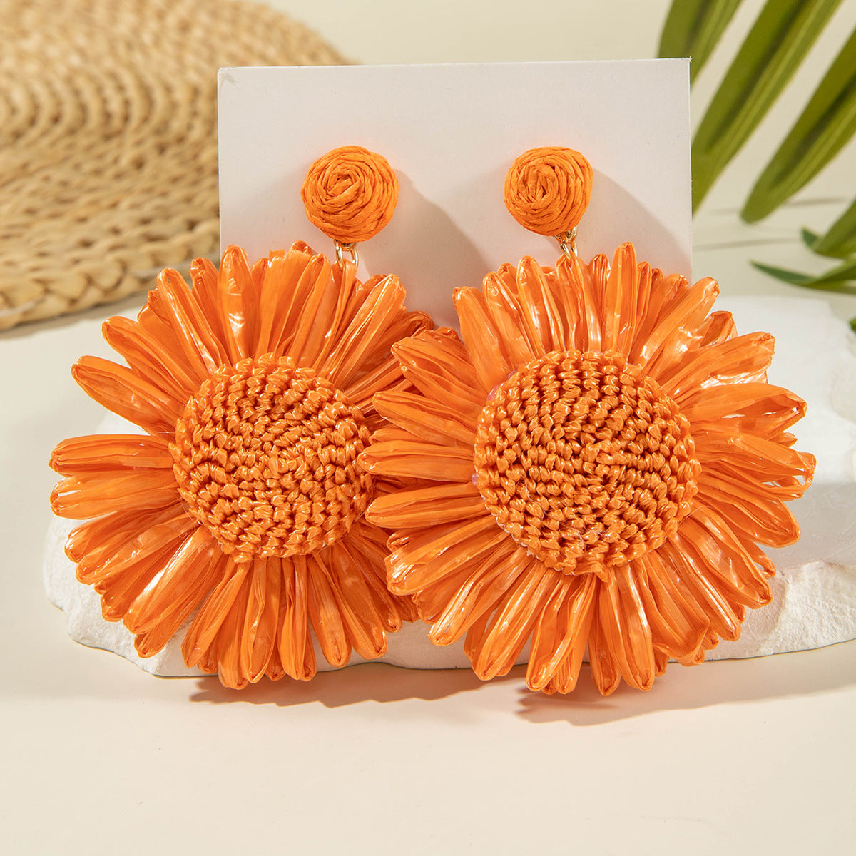 Handmade Woven Raffia Vacation Earrings Floral Design