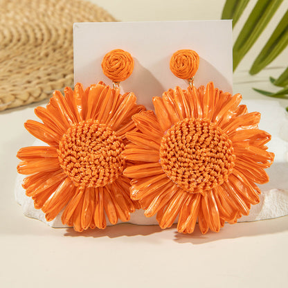 Handmade Woven Raffia Vacation Earrings Floral Design