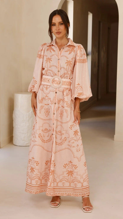 Loose-Fit Linen Puff Sleeve Dress with Waist Belt