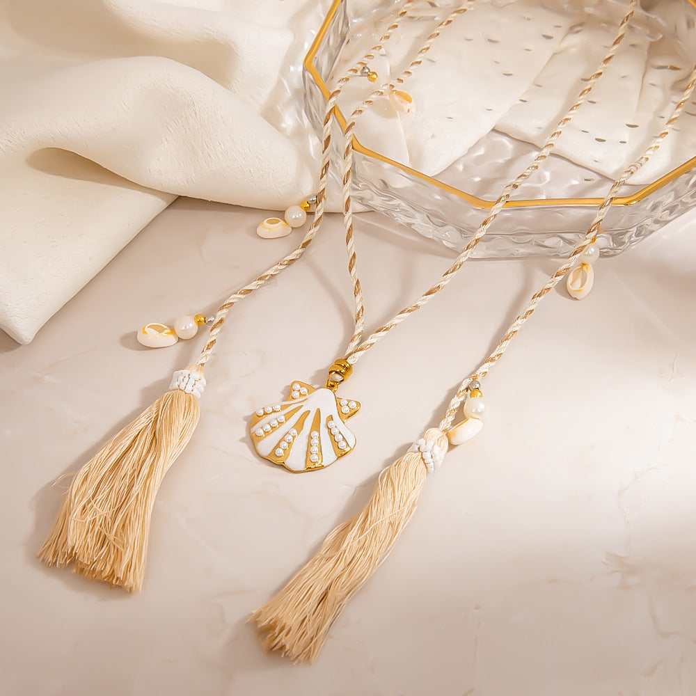 Stainless Steel Flower Pendant Tassel Necklace for Women