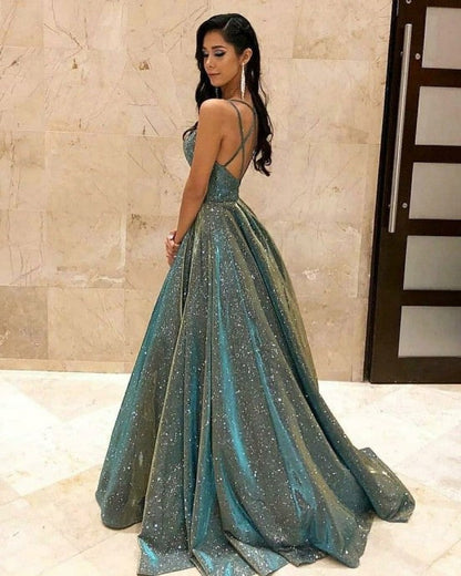 Elegant Sparkly Maxi Dress Sleeveless V-Neck Evening Gown