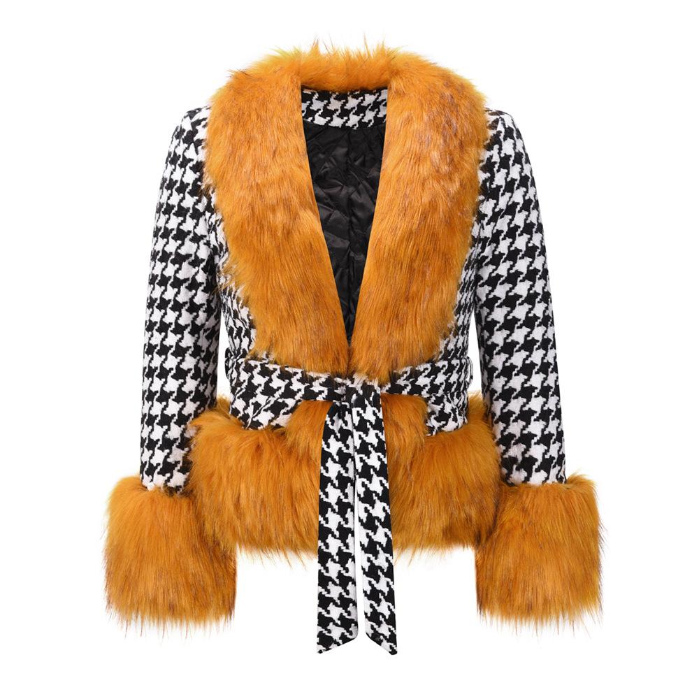Short Fur Coat Winter Quilted Thick Slim-Fit Lace-Up Coat Top