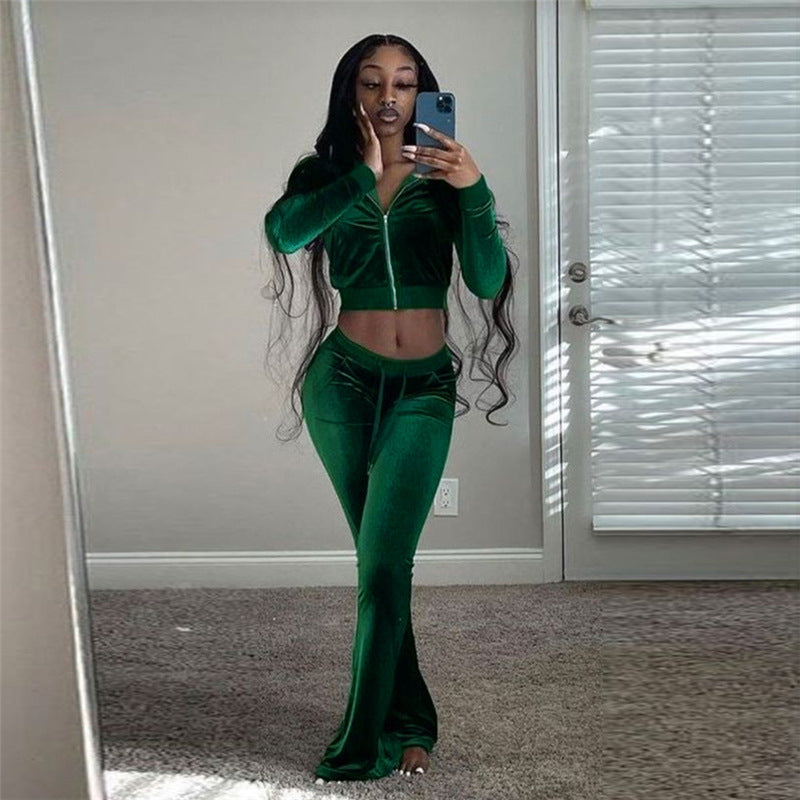 Zip-Up Hooded Crop Top And High-Waisted Flare Pants Set