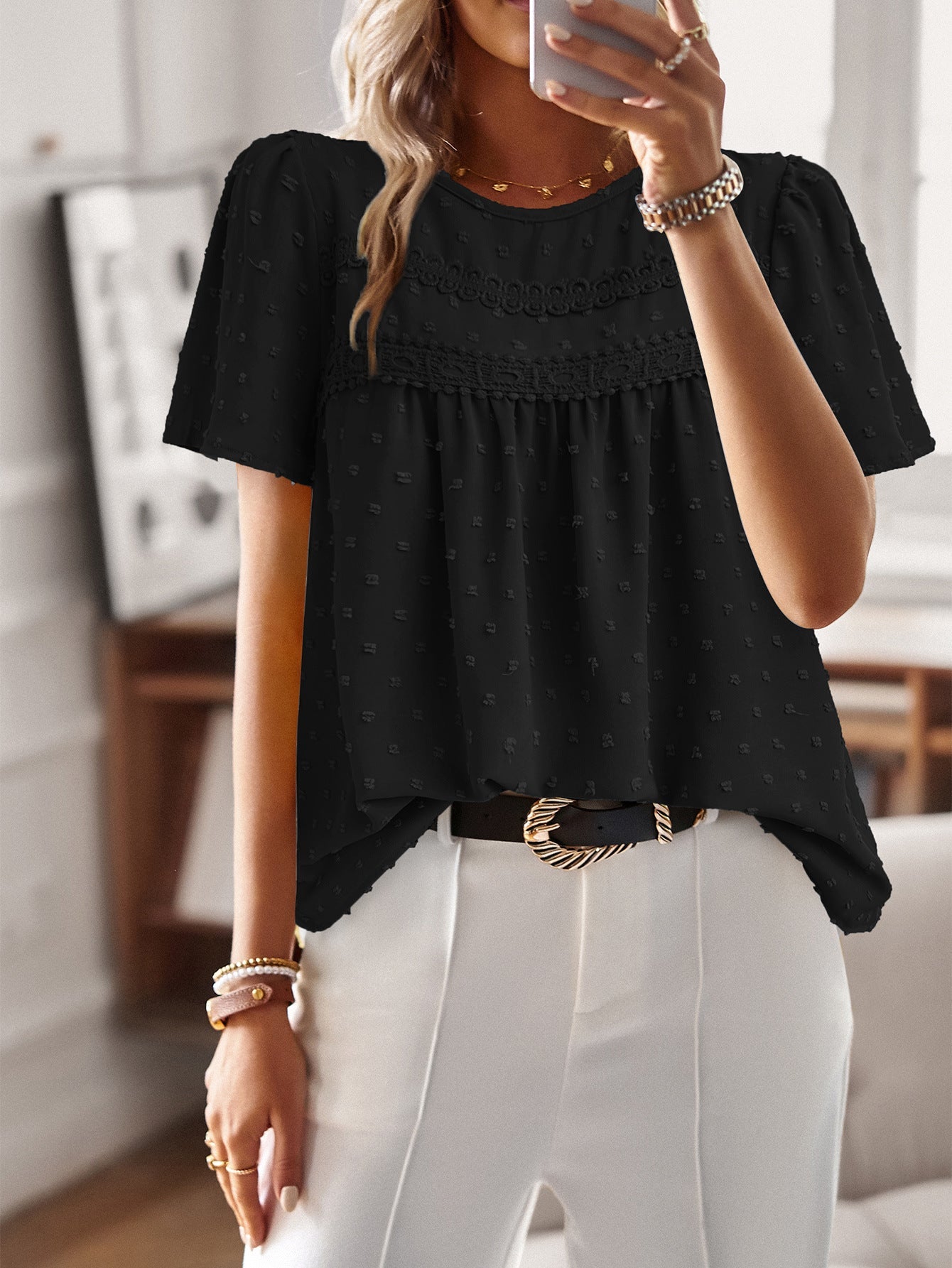 Casual Color Block Crew Neck Top Elegant Women's Blouse