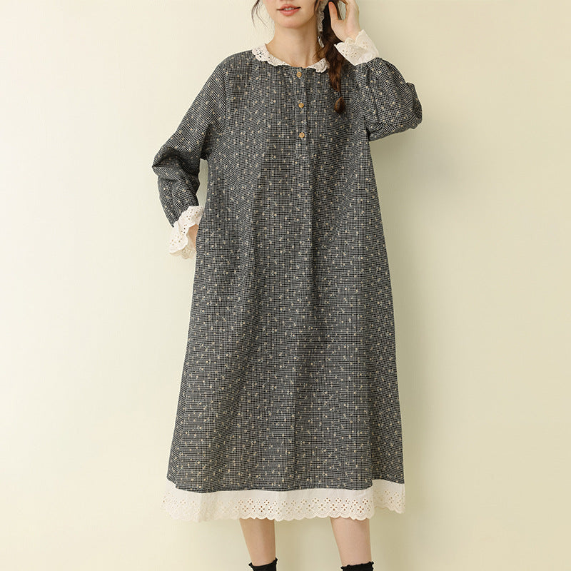 Artistic Floral Long Dress Comfortable Cotton Linen A-Line Dress