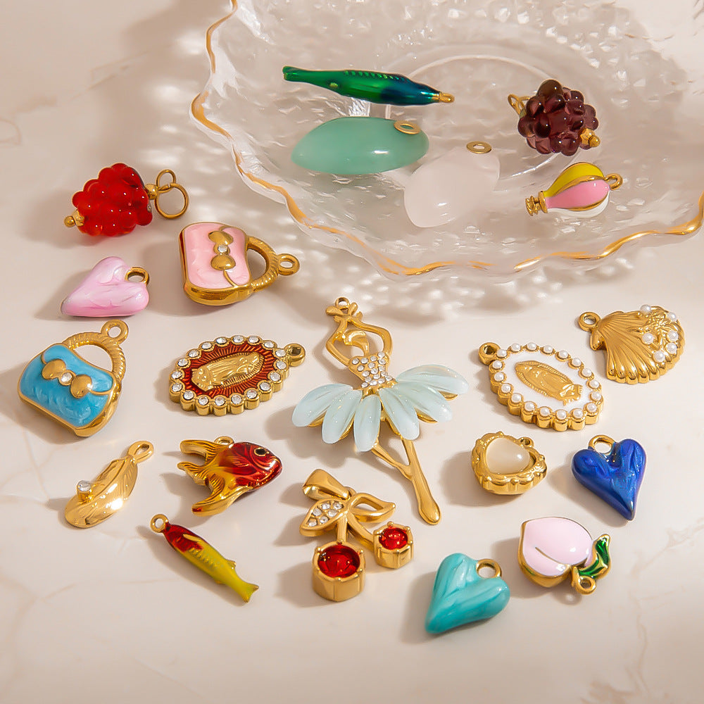 Colorful Oil-Drop Fish Heart Pendant Steel DIY Jewelry Accessories