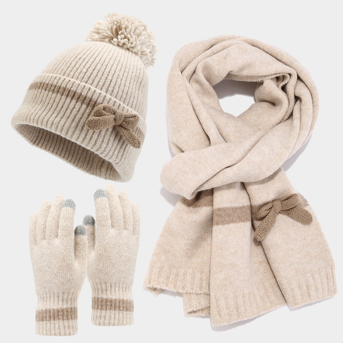 Winter Cute Bow Knot Hat Scarf Gloves Set