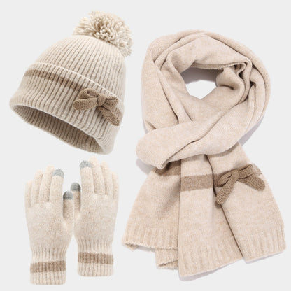 Winter Cute Bow Knot Hat Scarf Gloves Set