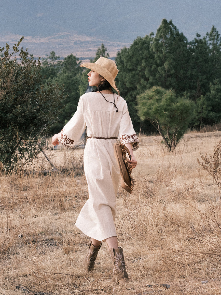 Cotton Linen Dress Ethnic Style Embroidered Cropped Sleeves Bohemian Midi Skirt Spring And Summer