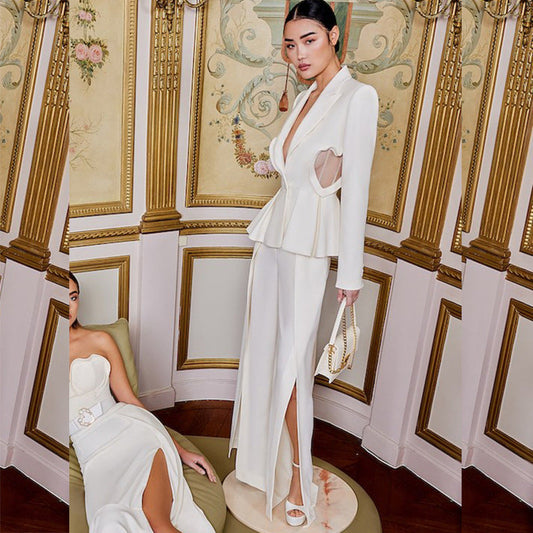 Slim Fit Lace Heart Blazer & Split Leg Trousers Set