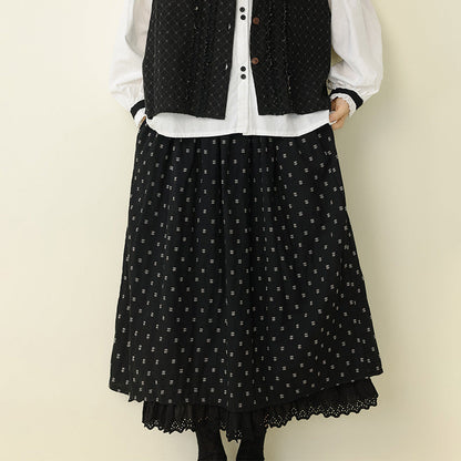 Cotton Geometric Pattern A-Line Skirt with Lace Trim