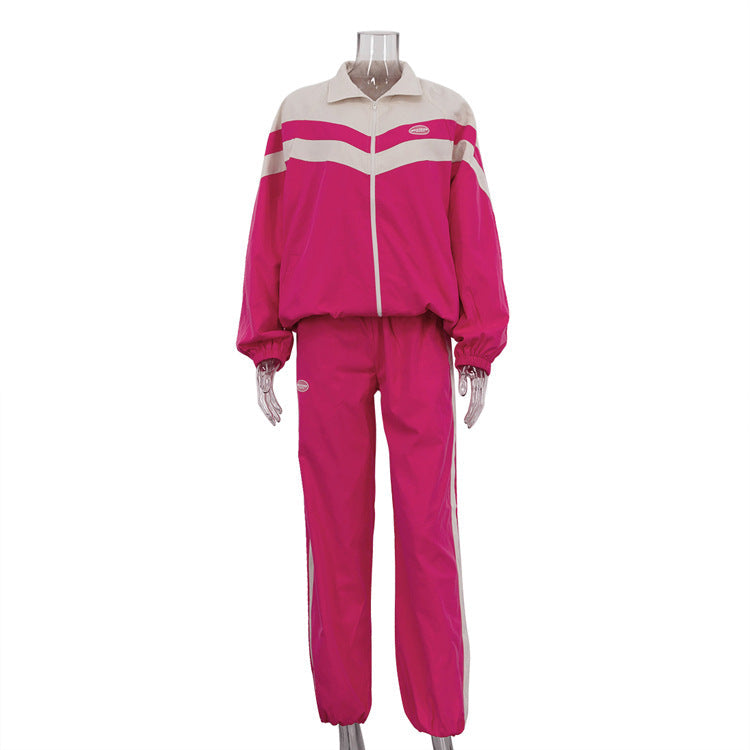 American Street Style Color-Block Sports Jacket and Pants Set