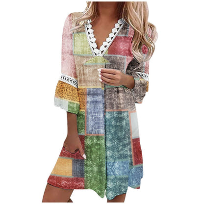 V-Neck-Print Lace Panels, Bohemian Casual Resort-Inspired Dress