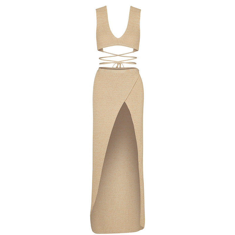 Solid Color V-Neck String Tie Swim Cover Up Set