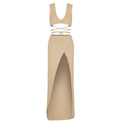 Solid Color V-Neck String Tie Swim Cover Up Set