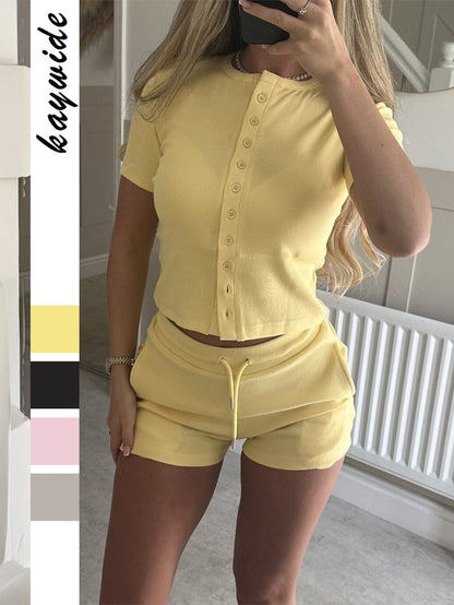 Casual Button-Up T-Shirt and Shorts Set for Women