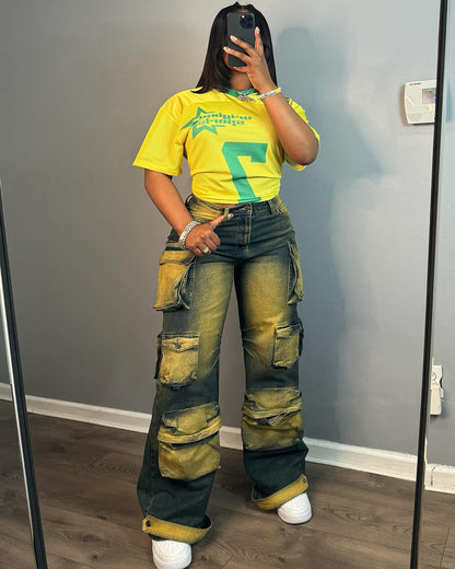 Chic High-Waisted Straight-Leg Denim Pants With Pockets