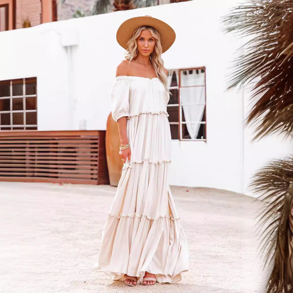 French Elegant Off-Shoulder Maxi Dress For Plus Size