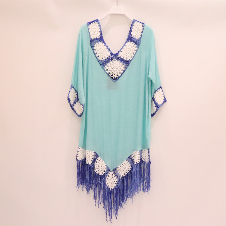 Hand Crochet Fringed Lace Outdoor Hollow Hand-Woven Beach Sunscreen Bohemian Beach Skirt Women