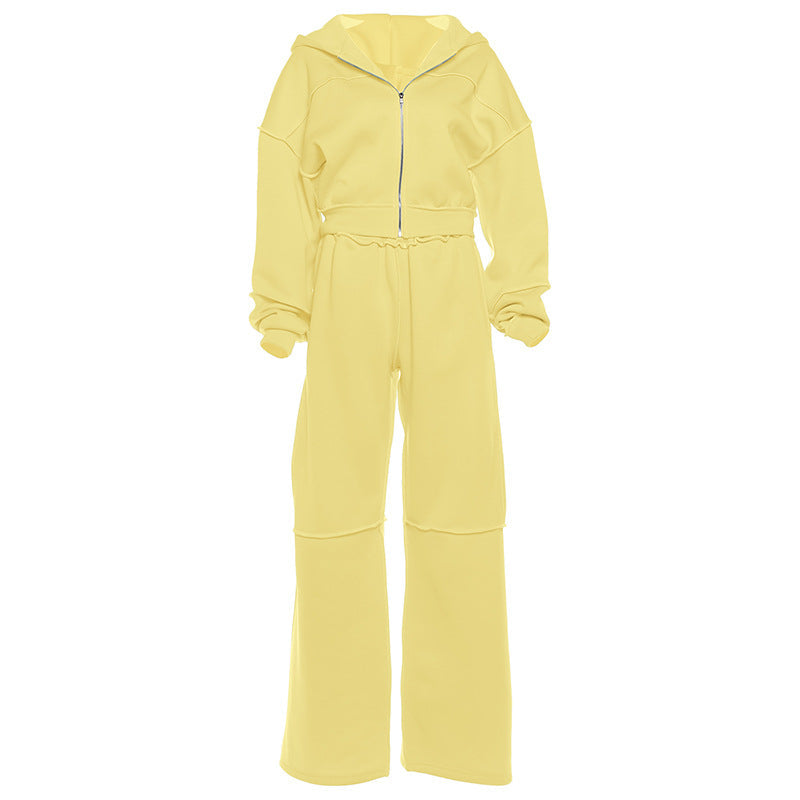 Hooded Long Sleeve Zip-Up Jacket And Loose Trousers Set