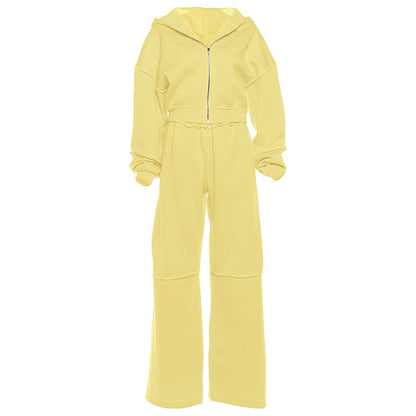 Hooded Long Sleeve Zip-Up Jacket And Loose Trousers Set