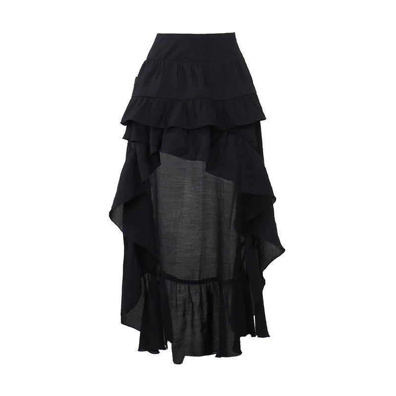 Summer Casual Black Ruffle Hem Midi Skirt