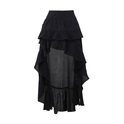 Summer Casual Black Ruffle Hem Midi Skirt