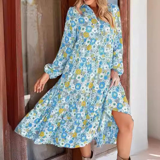 New Casual Loose Long-Sleeved V-Neck Women'S Bohemian Floral Elegant A-Shaped Dress