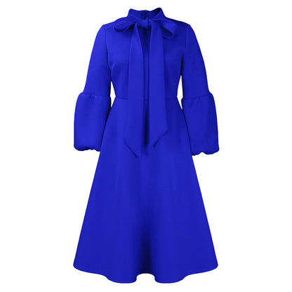Elegant High-Waisted Dress With Puff Sleeves And Flared Skirt