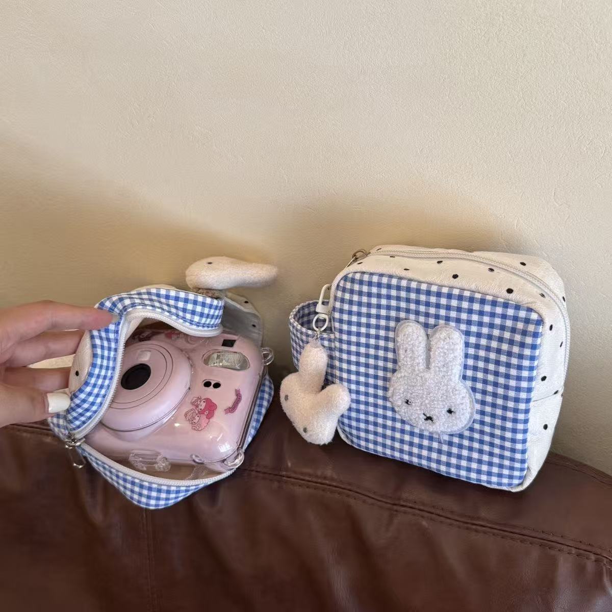 Blue Checkered Bunny Storage Bag Cute Animal Camera Bag