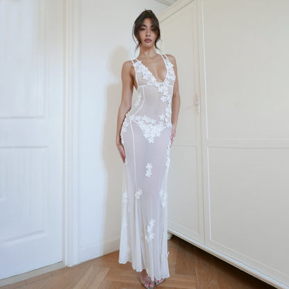 New Sexy V-Neck Backless Dress with 3D Floral Design