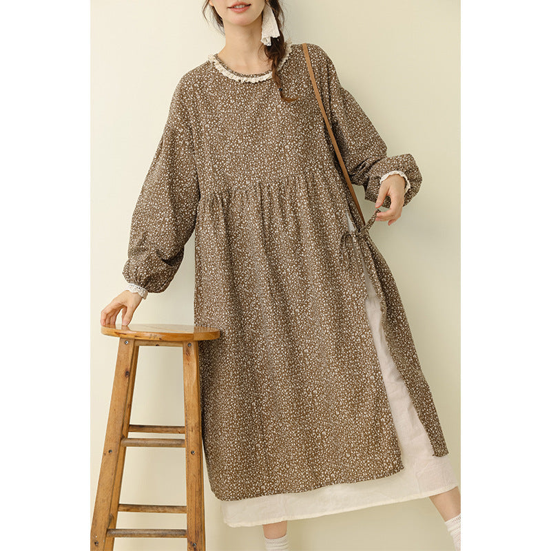 Floral Print Long Sleeve Cotton Linen Dress